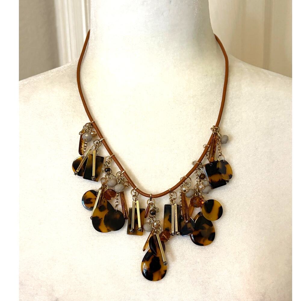 Ann Taylor LOFT Tortoiseshell Lucite Bead Statement Necklace brown leather Cord